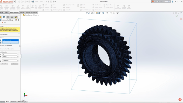 使用SOLIDWORKS的網格削減工具轉換高細節的Artec Space Spider掃描